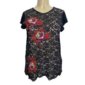 Kaos Top Blouse Cap Sleeve Black Round Neck Shirt Lace Embroidered Floral L